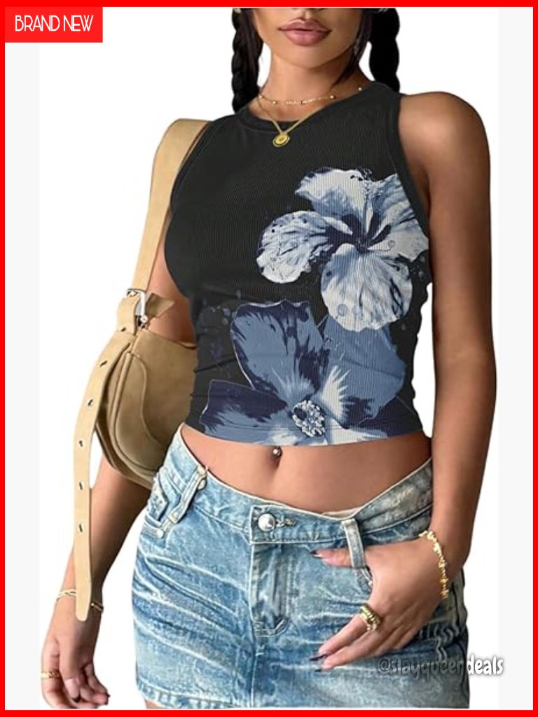 Summer Floral Crop Tank Top Sleeveless Crew Neck Knitted Going Out Top